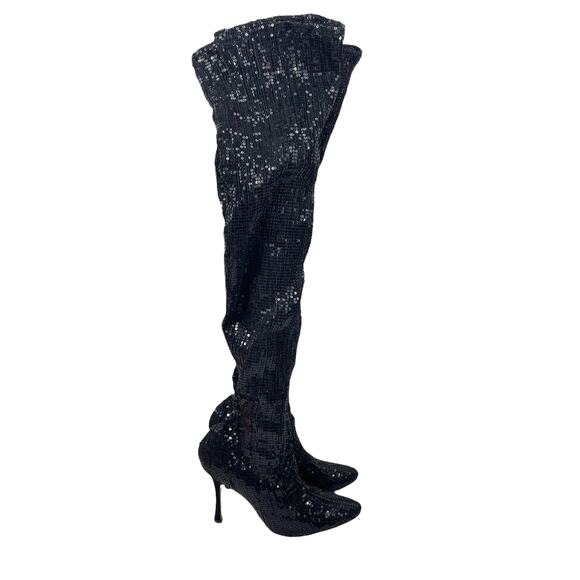 Manolo Blahnik Sequined Pascalare Over the Knee Boots Black Size 37.5 - Picture 2 of 12